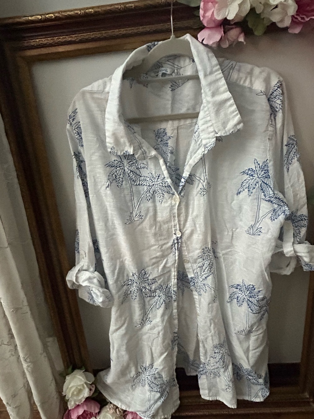 blue island White Button-Down Cover-Up with Blue Palm Print